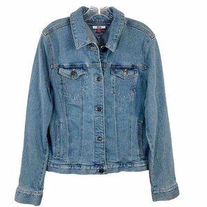 Tommy Hilfiger Denim Trucker Jean Jacket Size L Boyfriend Blue Light Washed Coat